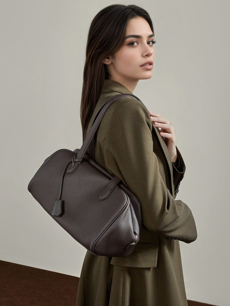 The Modern East-West Genuine Leather Bag | Minimalist Pebbled Bowling Tote