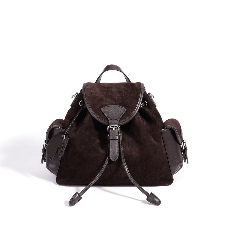 Vintage Suede Genuine Leather Flap Drawstring Backpack